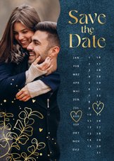 Save-The-Date-Karte Kalender Hochzeitstermin Goldblätter