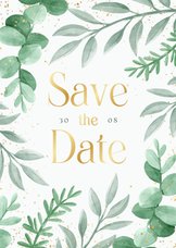Save-the-Date-Karte zur Hochzeit Blattgrün & Text in Gold
