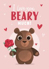 Valentinskarte mit Bär, Herzen und Rosen