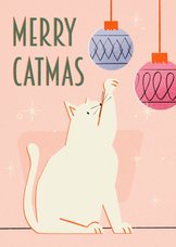 Weihnachtskarte 'Merry Catmas' Katze mit Weihnachtskugeln