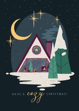 Weihnachtskarte mit gemütlicher Wald-Hütte