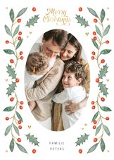 Weihnachtskarte mit ovalem Foto, Stechpalme und Herzen