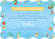 Blaue Foto-Einladung 1. Schultag Wellenform bunte Symbole Rückseite