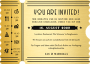 Hochzeitseinladung Ticketform schwarz-gold Artdeco  Rückseite