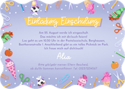 Lila Foto-Einladung 1. Schultag Wellenform bunte Symbole Rückseite