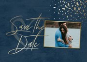 Save-the-Date-Karte mit Foto dunkelblau mit Goldschnipseln 2