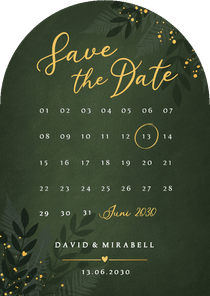 Bogenkarte Save the Date Botanisch Goldkleckse dunkelgrün