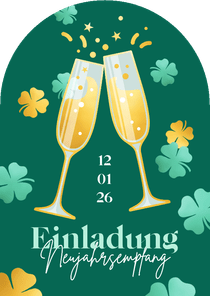 Einladung Neujahrsempfang Sektgläser und Glücksklee