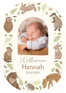 Foto-Geburtskarte Oval Waldtiere und Pflanzen