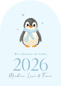 Neujahrskarte Pinguin mit Schal hellblau 2026