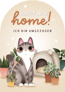 Umzugskarte Katze mit Körbchen 'Happy New Home'