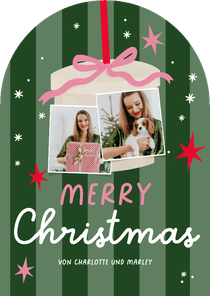 Weihnachtskarte Bogen Fotocollage grün gestreift Geschenk