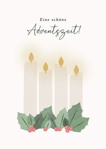 Adventskarte 4 weiße Kerzen & Zweige mit Beeren