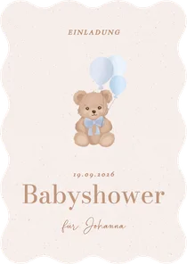 Babyshower Einladung Wellenrand blaue Luftballons Teddybär
