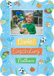  Blaue Foto-Danksagung 1. Schultag Wellenform bunte Symbole