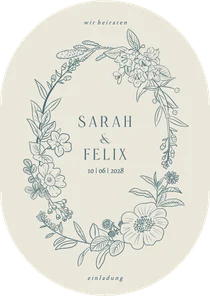 Bogenkarte Hochzeitseinladung Blumenkranz blau klasisch