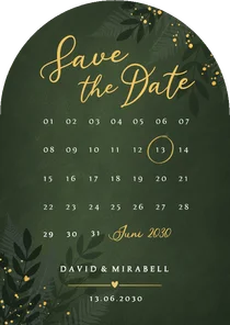 Bogenkarte Save the Date Botanisch Goldkleckse dunkelgrün