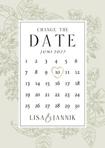 Change-the-Date-Karte Blumendekor Kalender mit Herz