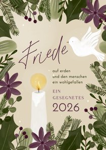 Christliche Weihnachtskarte 'Friede' mit Taube und Kerze