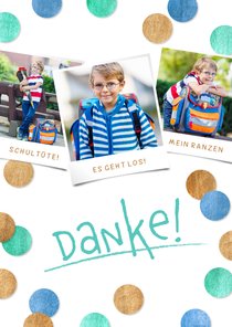 Dankeskarte Einschulung Fotocollage & Konfetti blau