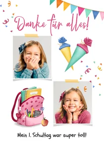 Dankeskarte Einschulung Rucksack pink & Fotos