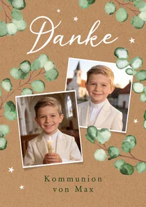 Dankeskarte Fotocollage Kommunion Eukalyptus auf Kraft