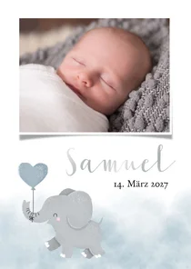 Dankeskarte Geburt Foto und Elefant blauer Luftballon