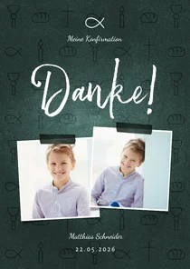 Dankeskarte Konfirmation dunkelgrün Fotos & kleine Symbole