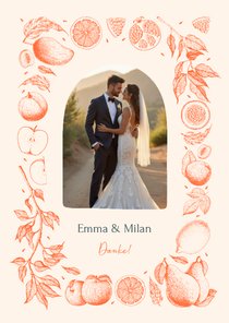 Dankeskarte mit Foto Sommerhochzeit Früchte Linienzeichnung