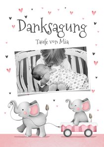 Dankeskarte Taufe kleine Schwester Elefanten und Herzen