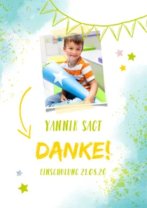 Dankeskarte zur Einschulung Foto & blaugrüne Kleckse
