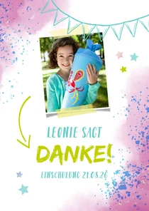 Dankeskarte zur Einschulung Foto & rosablaue Kleckse