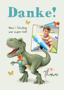 Dankeskarte zur Einschulung mit T-Rex und Foto