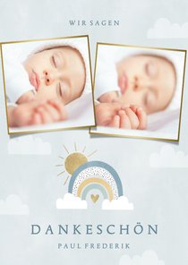 Dankeskarte zur Geburt Regenbogen blau und Fotocollage