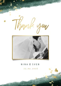 Dankeskarte zur Hochzeit mit Foto in grün und gold 