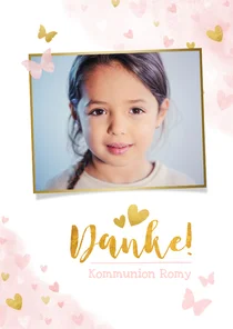 Danksagung Kommunion Goldlook rosa mit Foto & Wasserfarbe