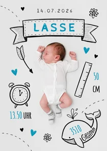 Danksagung zur Geburt Foto mit Doodles blau