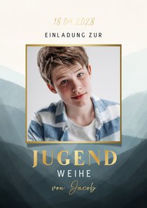 Einaldungskarte Jugendweihe blau, Foto & Gold