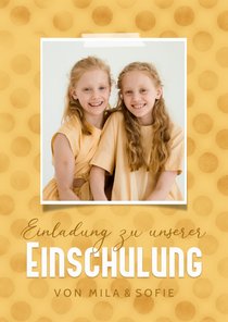 Einladung 1. Schultag Zwilling Fotos & gelbe Tupfen