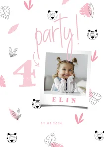 Einladung 4. Kindergeburtstag rosa Dschungel Muster und Foto