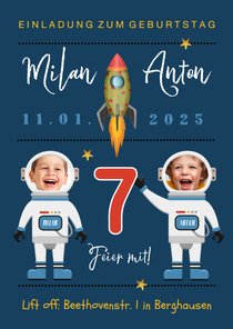 Einladung 7. Kindergeburtstag Zwilling Astronauten