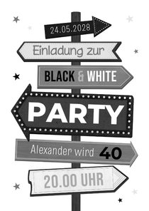 Einladung Black & White-Geburtstagsparty Wegweiser