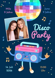 Einladung Disco Party Kindergeburtstag Zwilling mit Foto