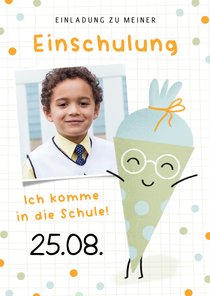 Einladung Einschulung lustige Schultüte grün