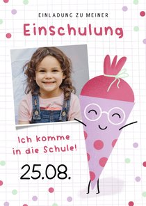 Einladung Einschulung lustige Schultüte lila