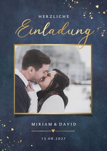 Einladung Hochzeit mit Foto Gold auf Blau