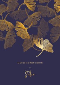 Einladung Kommunion Foto innen Stempel blau Ginkgoblätter