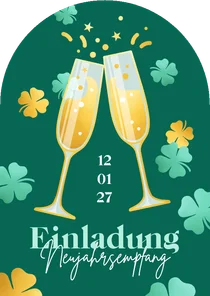 Einladung Neujahrsempfang Sektgläser und Glücksklee