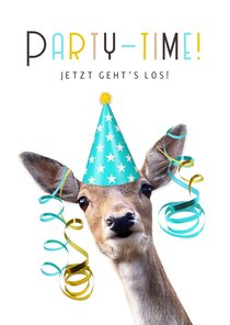 Einladung Partytime Reh mit Partyhut & Luftschlangen