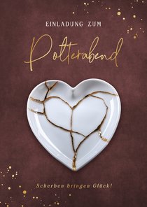 Einladung Polterabend Teller in Herzform Kintsugi